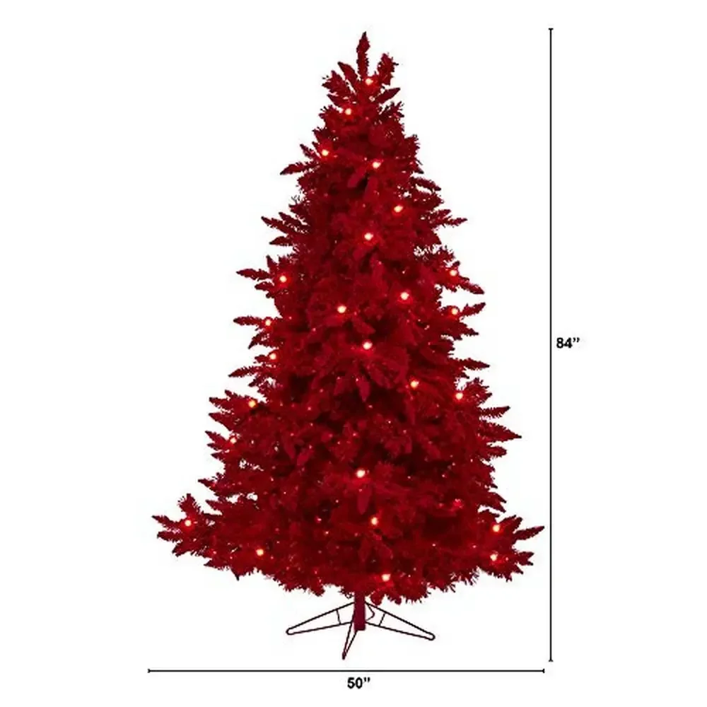 Red Flocked Fraser Fir Christmas Tree 7ft 500 Red Lights Bendable Branches Bulbs Globe Ornaments Festive Holiday Display