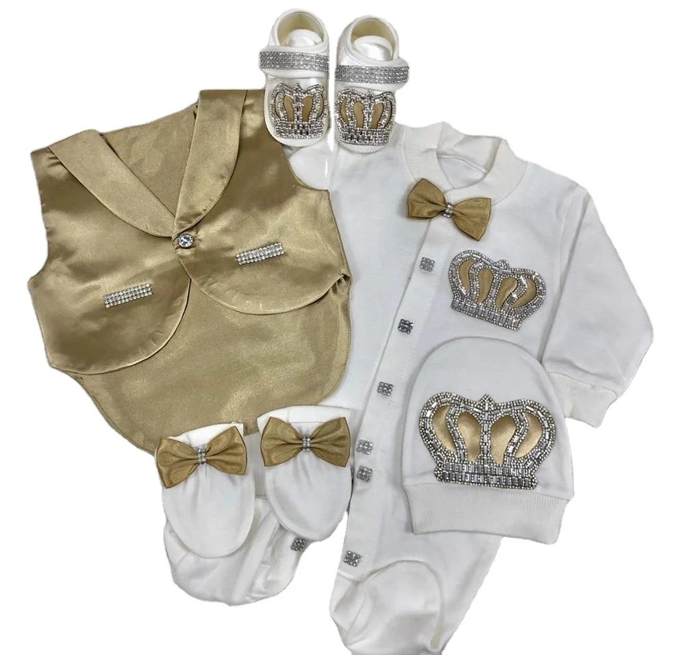 Dollbling 5 Pcs Gold Baby Romper Set With Vest Long Sleeve Bubble Wholesale Custom Newborn New Design High Quali