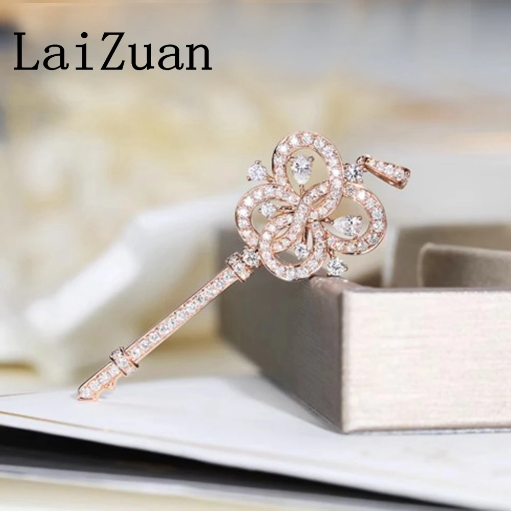 LaiZuan Solid 18k Rose Gold AU750 Lucky Key Diamond Pendant Water Drop Shape Real Diamond Exquisite Trendy Fine Jewelry