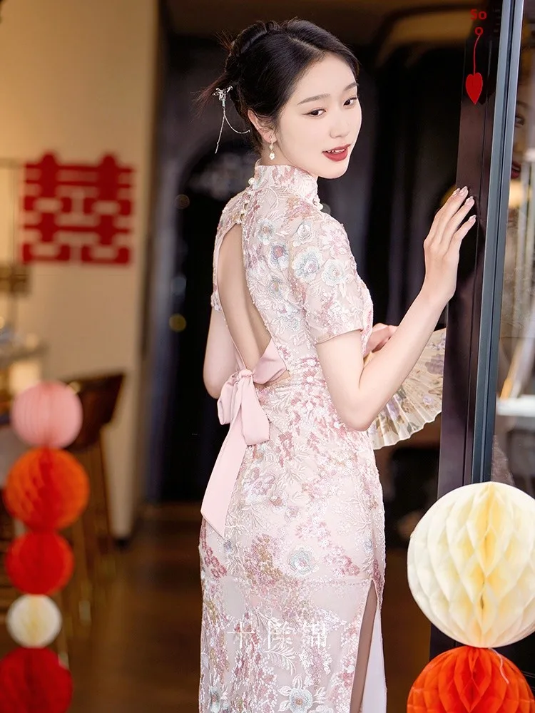 

Elegant Pink Backless Wedding Dress Young Girl QiPao Drinking Ceremony Dress High Quality ShangHai Style Long
