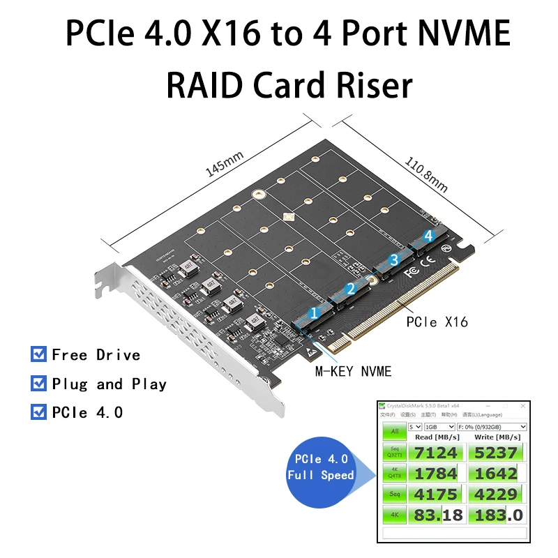 PCIE 4.0 NVME Adapter PCI Express x16 to 4 Port M.2 M-Key NVME SSD Expansion Card Riser Full Speed 256G Support Bifurcation Raid