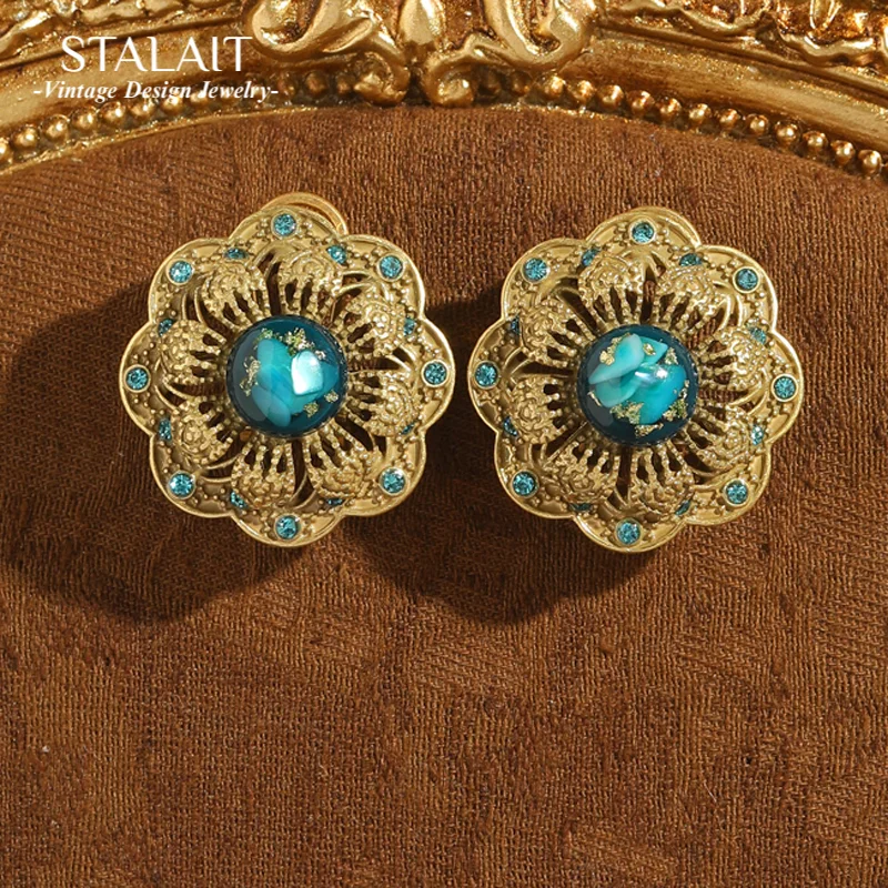 

Vintage Big Antique Gold Color Flower Earrings Blue Opal Glazed Palace For Woman Wedding Luxury Quality Jewelry New 2025 Trend