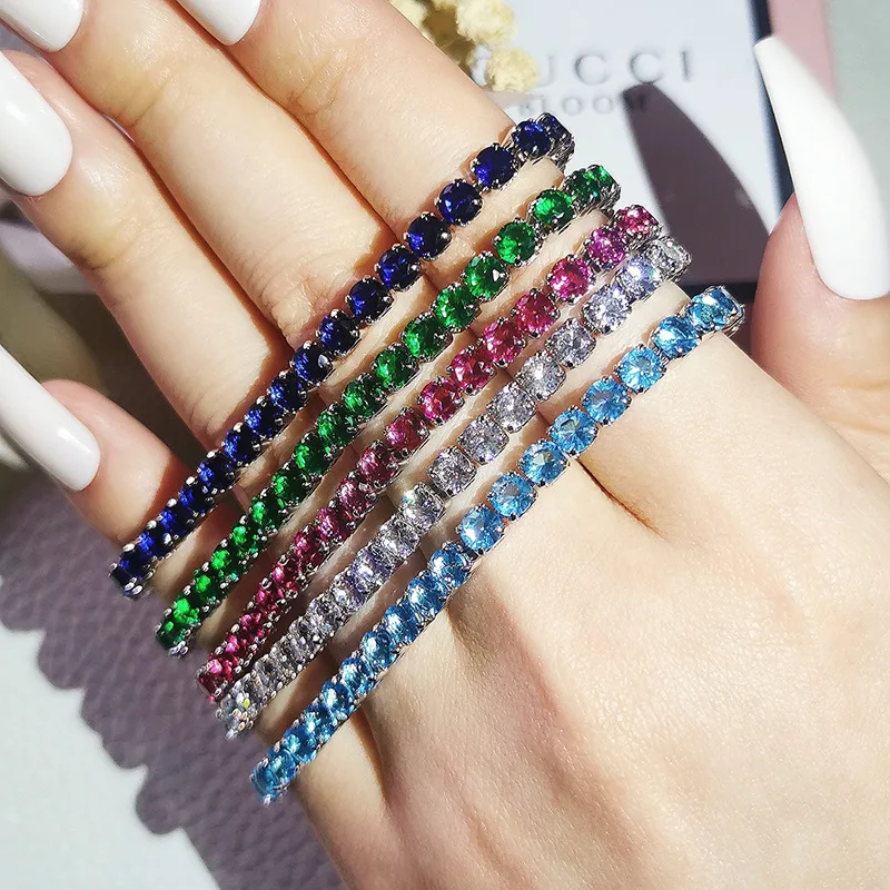 Jednorzędowe bransoletki tenisowe Royal Blue White Red Green Stone Round Zircon dla kobiet w kolorze srebrnym 17/19CM Ślubne łańcuszki na rękę CZ