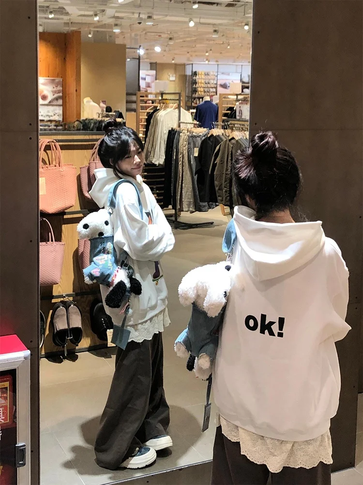 

Женская белая толстовка оверсайз с американским мультяшным персонажем на скейтборде, уличный стиль, весна-осень, новинка