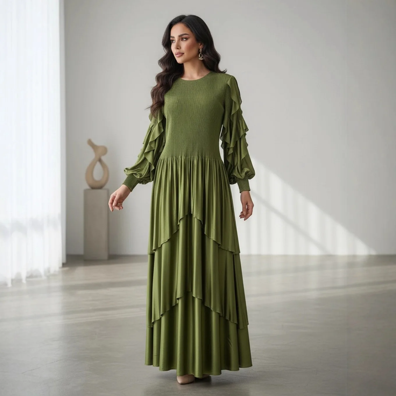 

Ele Long Sve Pleated Maxi Dr Women's Faionable Cake Skirt High Waist A-Line Gown for Busin Casual Dance Banquet