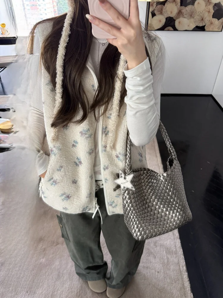 

Жилет из овечьей шерсти Aeronline Rose Sle с корейским цветочным принтом, на молнии, средней теплоты, повседневный укороченный топ для молодых женщин