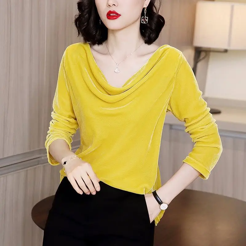 2024 Autunm Elegant velour shirts office lady Korean style women Winter velvet blouse tops Blusas