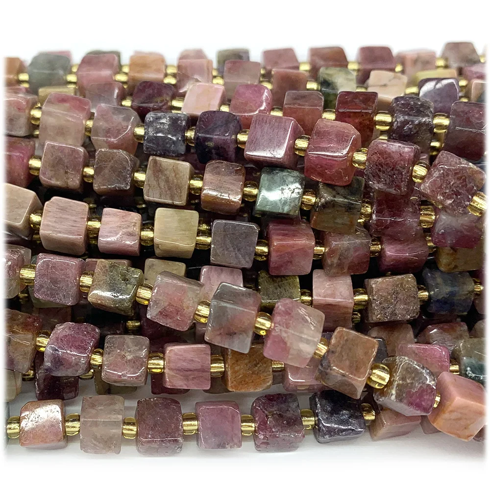 Veemake Natural Tourmaline Free Form Cube Loose Beads For Jewelry Making 08233