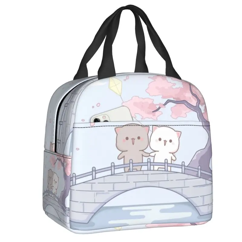 Romantic Peach And Goma Mochi Cat Insulated Lunch Tote Bag for Portable Thermal Cooler Food Lunch Box Outdoor Camping Travel