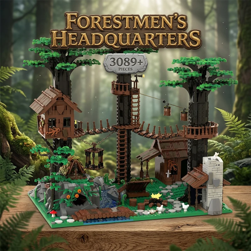 3089-teiliges Baukasten-Set „Waldmanns Hauptquartier“ – Baumhaus, mittelalterliche Waldposten-Schloss-Modelle, Bausteine mit Hängebrücke, Wasserfall und Höhle, DIY-Bausatz für Erwachsene,