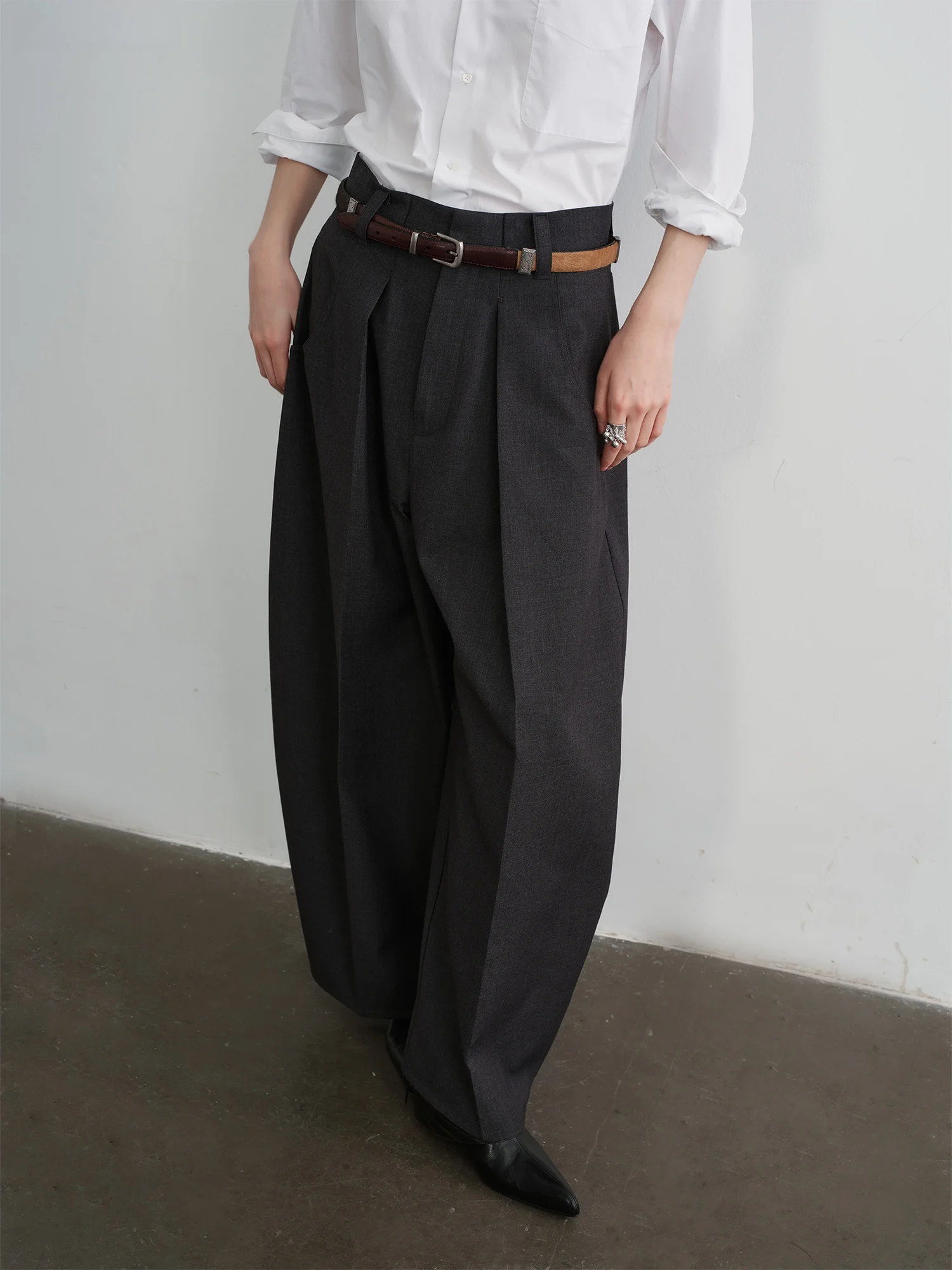 

Широкие брюки KUCO из шерстяной смеси с плиссировкой, силуэт «банан», средняя посадка, для деловых женщин, повседневный шик