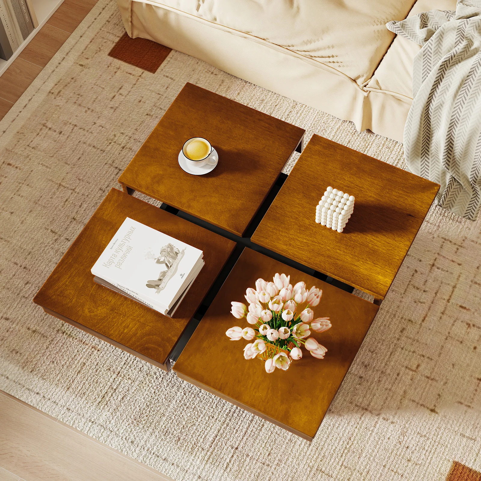 Square Coffee Table w/ Solid Wood Veneered Split Top Recessed Base for Apartment