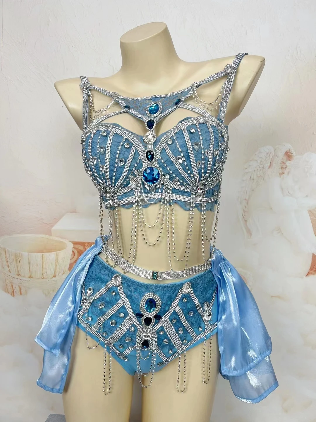 Nightclub Bar Sexy Stage Wear Blue Rhinestones Beading Bikini Gogo Dancer Electric Music Festival Outfit Party Show Costume