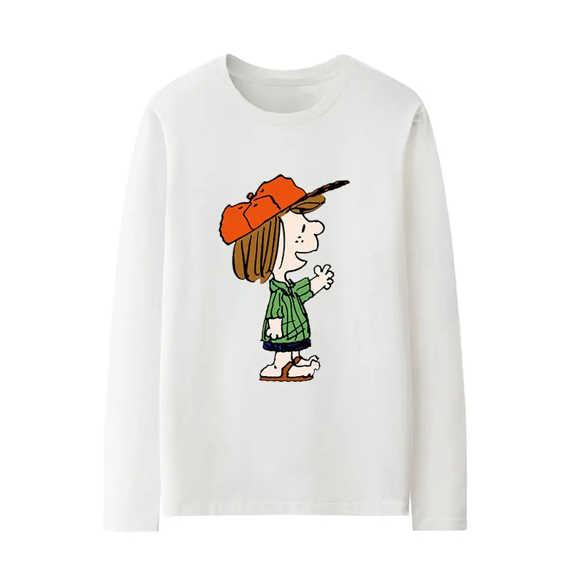 Camiseta de manga larga con estampado de Snoopy para mujer, top suelto coreano para niños, parte inferior de algodón puro, tendencia de otoño