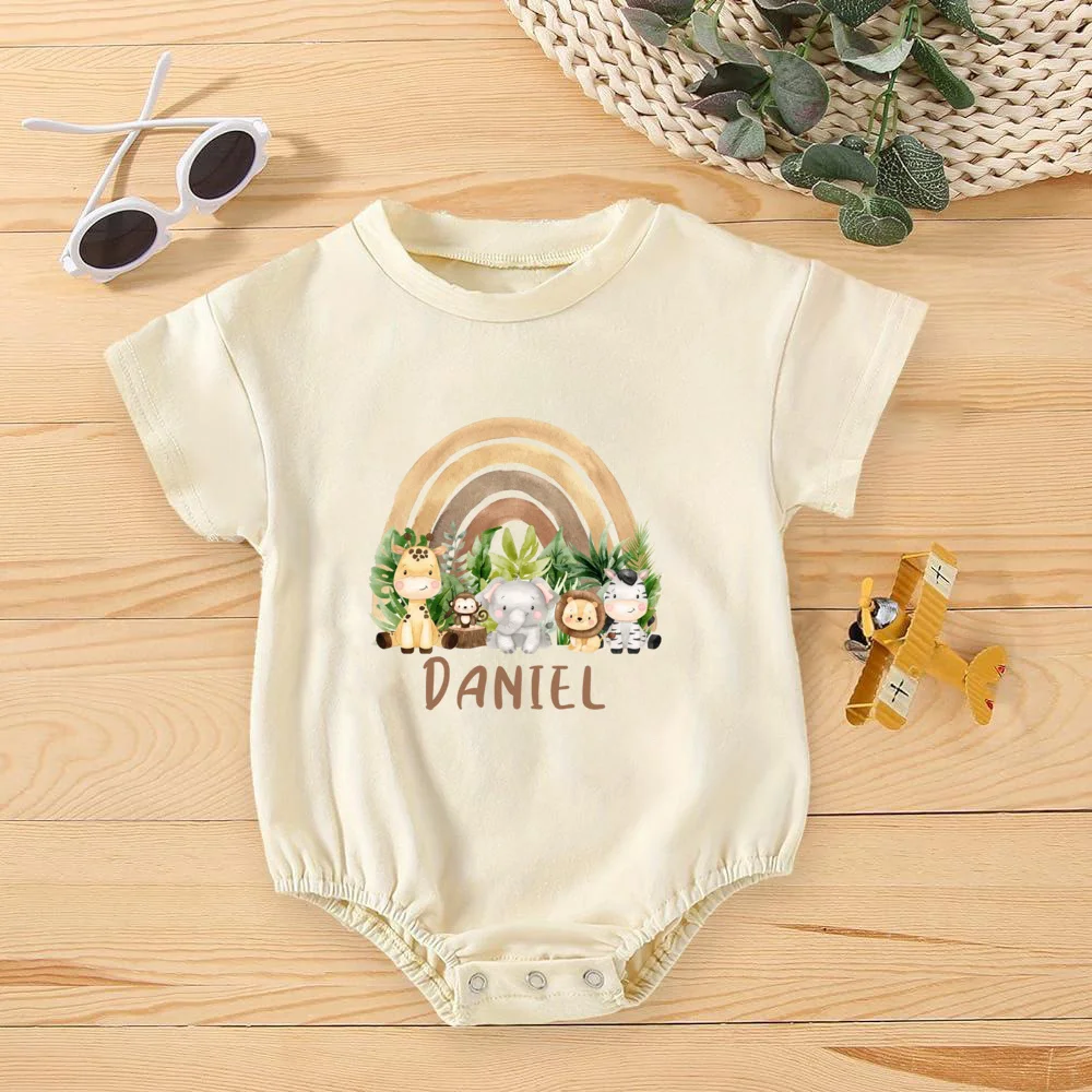 Mono de arcoíris personalizado con nombre, ropa de fiesta de cumpleaños de jungla infantil, mono de gran tamaño para bebé, mono lindo salvaje