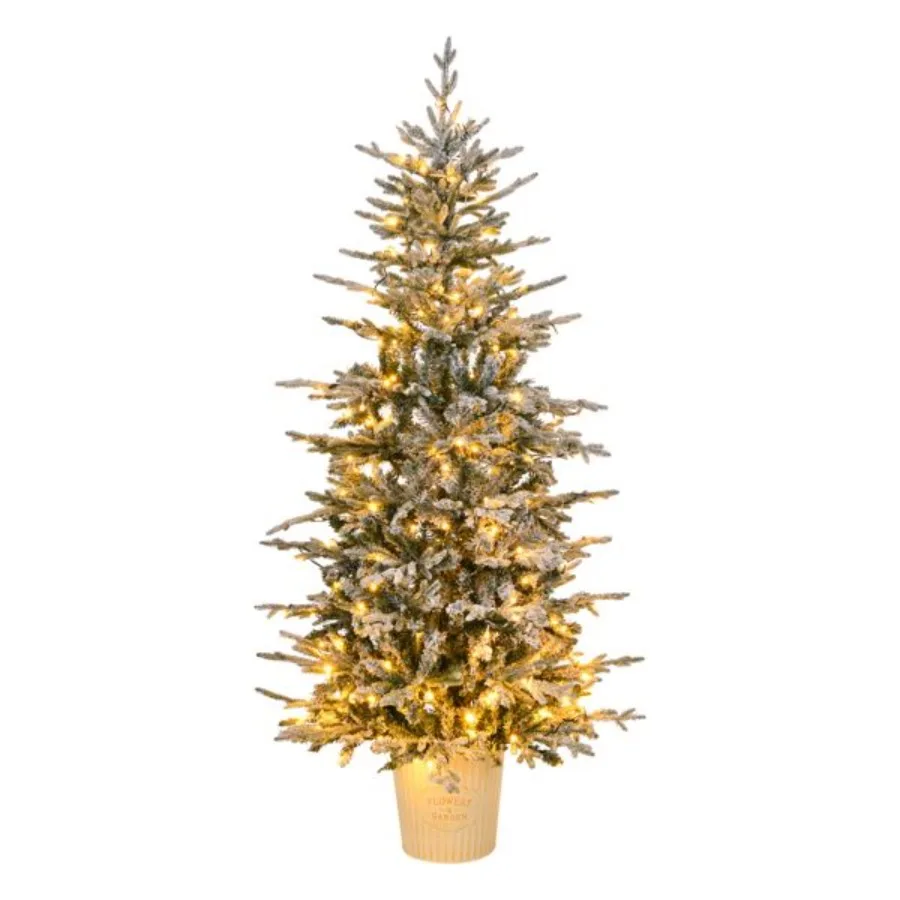 

6 FT Snow Flocked Prelit Artificial Christmas Tree with Metal Pot Stand Hinged Xmas Fir Tree with 250 Lights 709 Branch Tips an