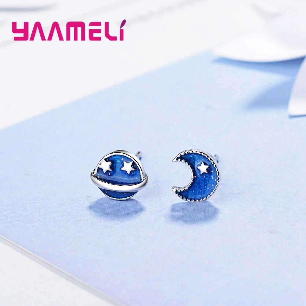 

Креативные серьги-гвоздики из стерлингового серебра 925 пробы с синей эмалью и луной и планетой для женщин и девочек, юбилей, свадьба, модные ювелирные изделия, подарок