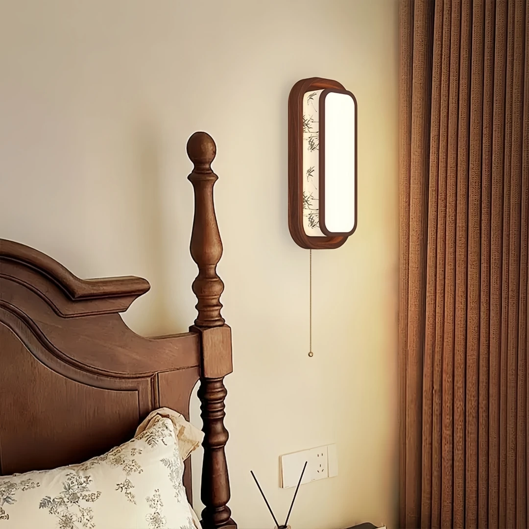 New Chinese Bamboo Print Pull Chain Wall Sconce for Bedroom Tea Room Entryway Oriental Zen Retro Gentle Warm Household Wall Deco