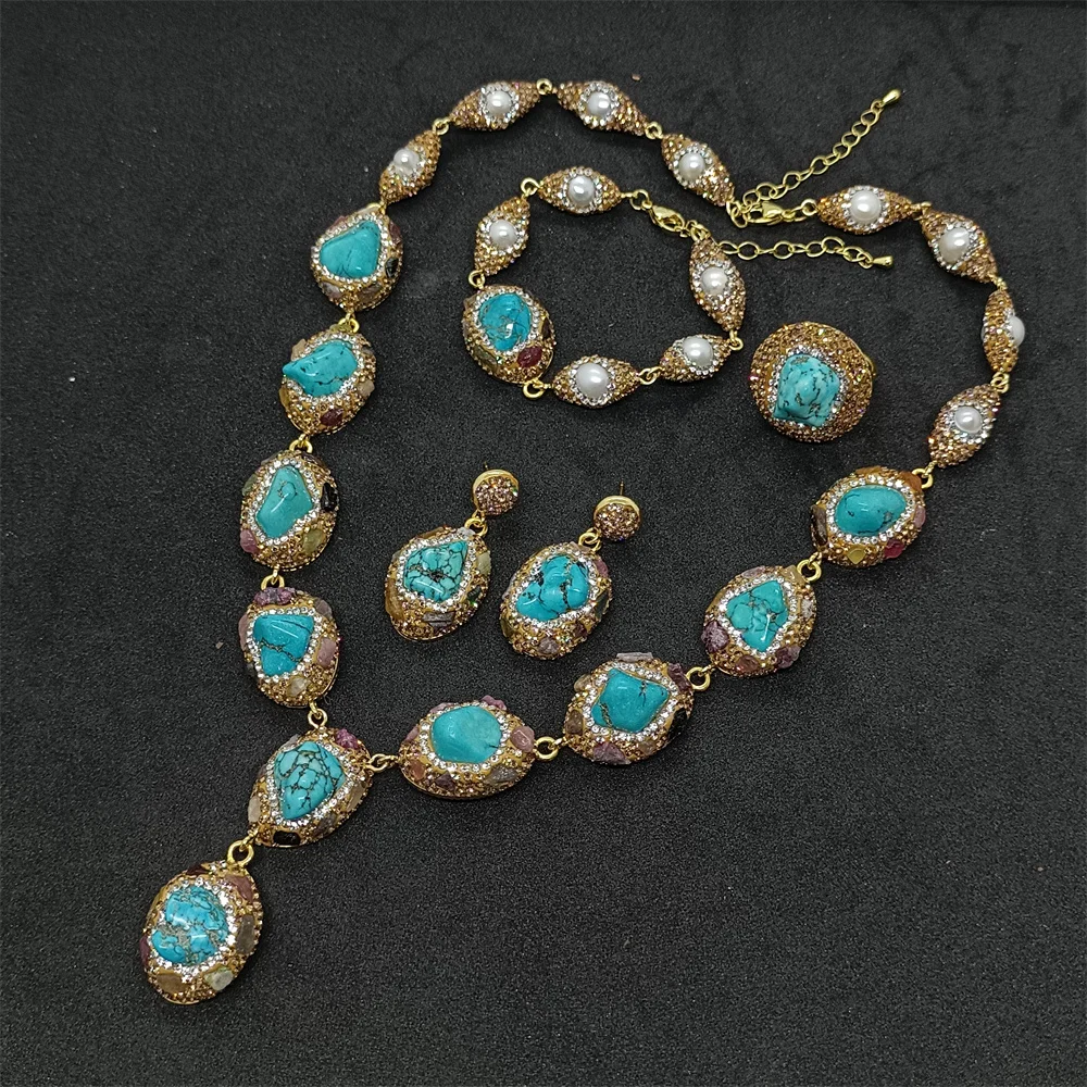 Irregular Turquoise Necklace Set Women's Personality Exaggerates Noble Luxury Ladies Prom Party Exquisite Wedding Jewelry