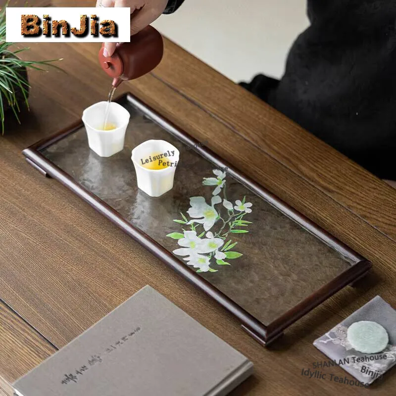 

Water Grain Glass Rectangular Dry Brewing Tray Walnut Tea Table Water Cup Storage Tea Tray Tea Board Household Tea Furniture