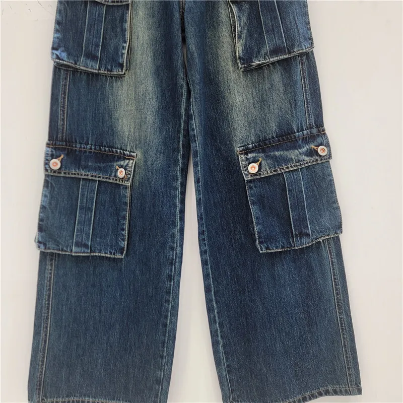 ANJY automne nouvelles femmes Vintage Streetwear élégant Cargo jean décontracté Style Safari Chic multi-poches droite jambe large pantalon A7786
