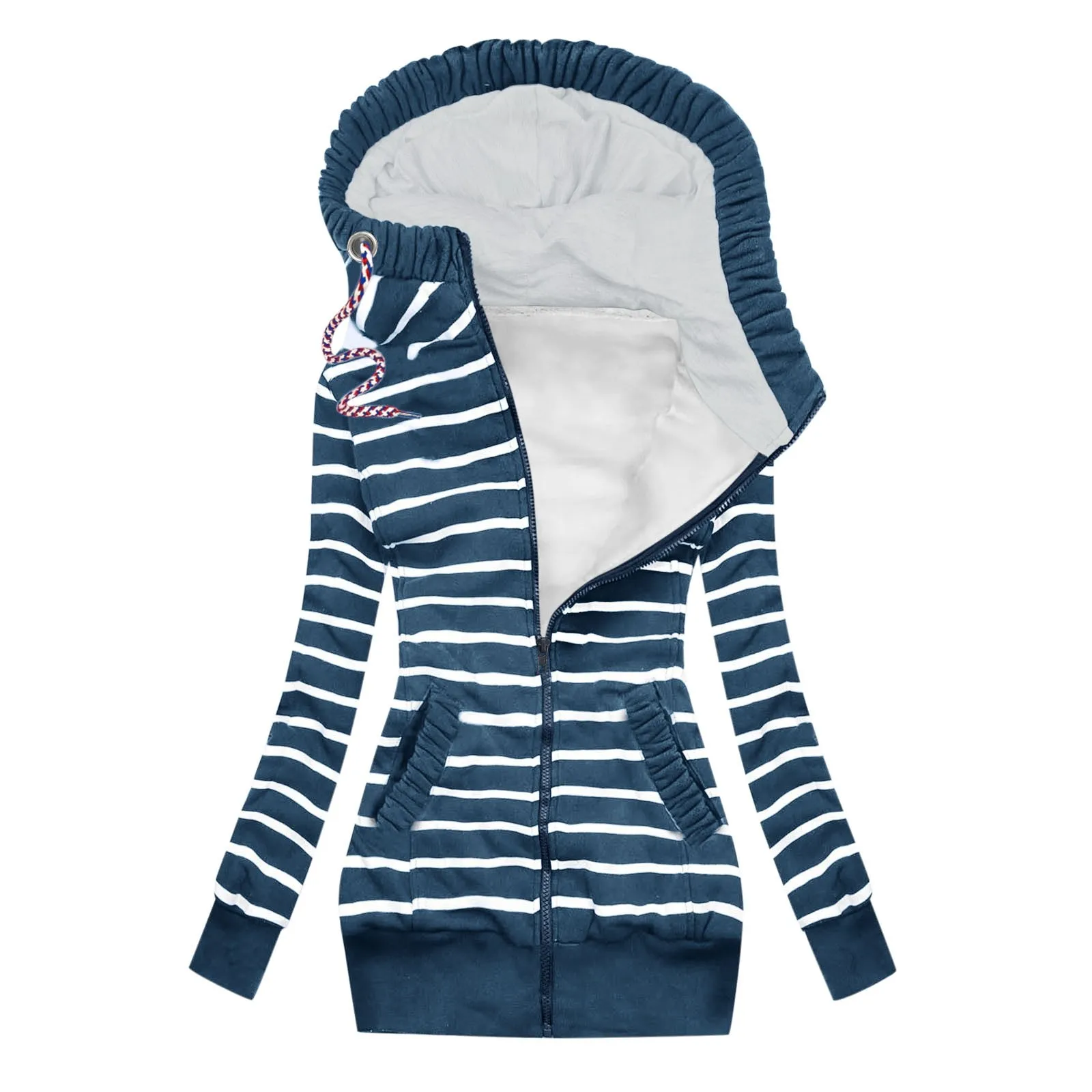 Womens Autumn Casual Sport Stripe Prints Hooded Slim Fit Pockets Jacket Crop Vest Women Ladies Jacket