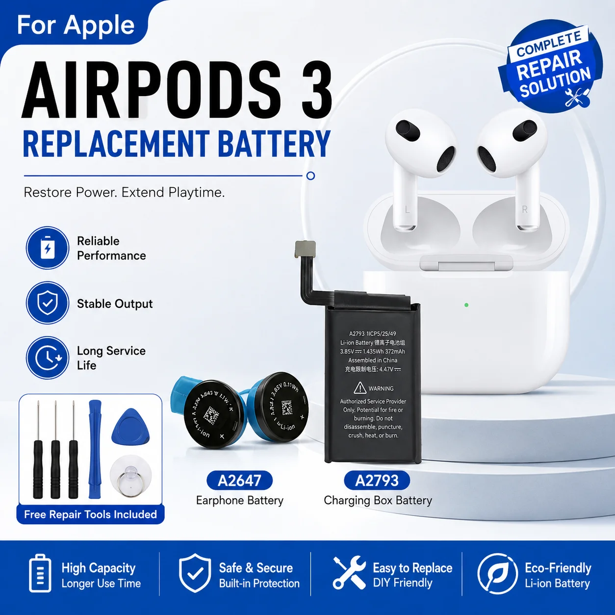 A2647 Replacement Battery for Apple AirPods 3 A2564 A2565 Rechargeable Li-ion Cell A2793 Earbuds Repair Part with Tools