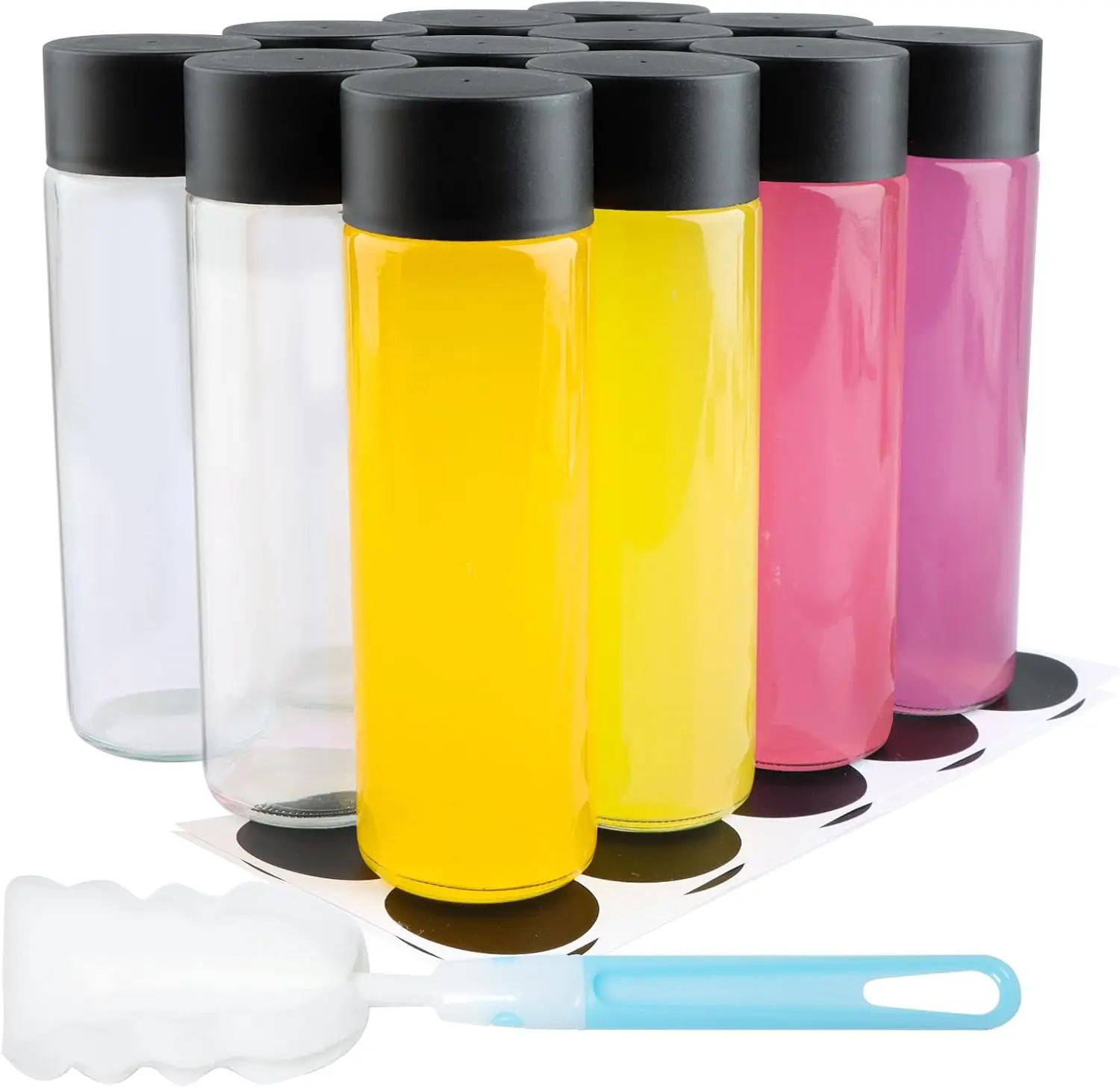 

Упаковка из 12 стеклянных бутылок для воды на 12 унций, пустые многоразовые бутылки для напитков на 350 мл с черными крышками, для приготовления сока и смузи