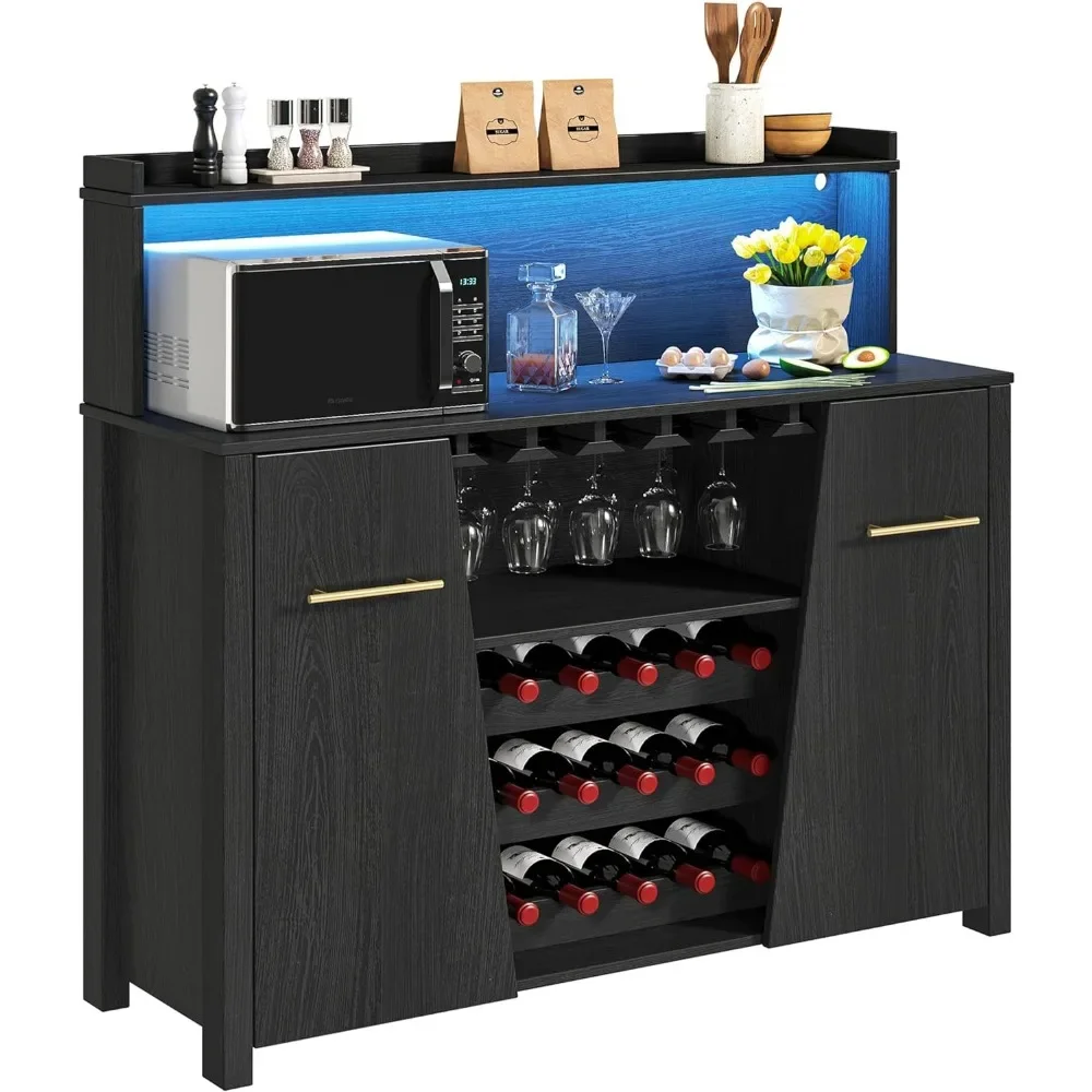 Bar Cabinet with LED Lights, 47'' Sideboard Buffet Coffee Bar Cabinet w/ Wine Rack and Glass Holder, Liquor w/ Adjustable Shelf