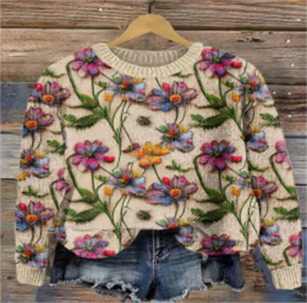 2024 Tiki popular small flower digital print women's coarse needle yarn hoodie street autumn and winter tops women's sweaters wo