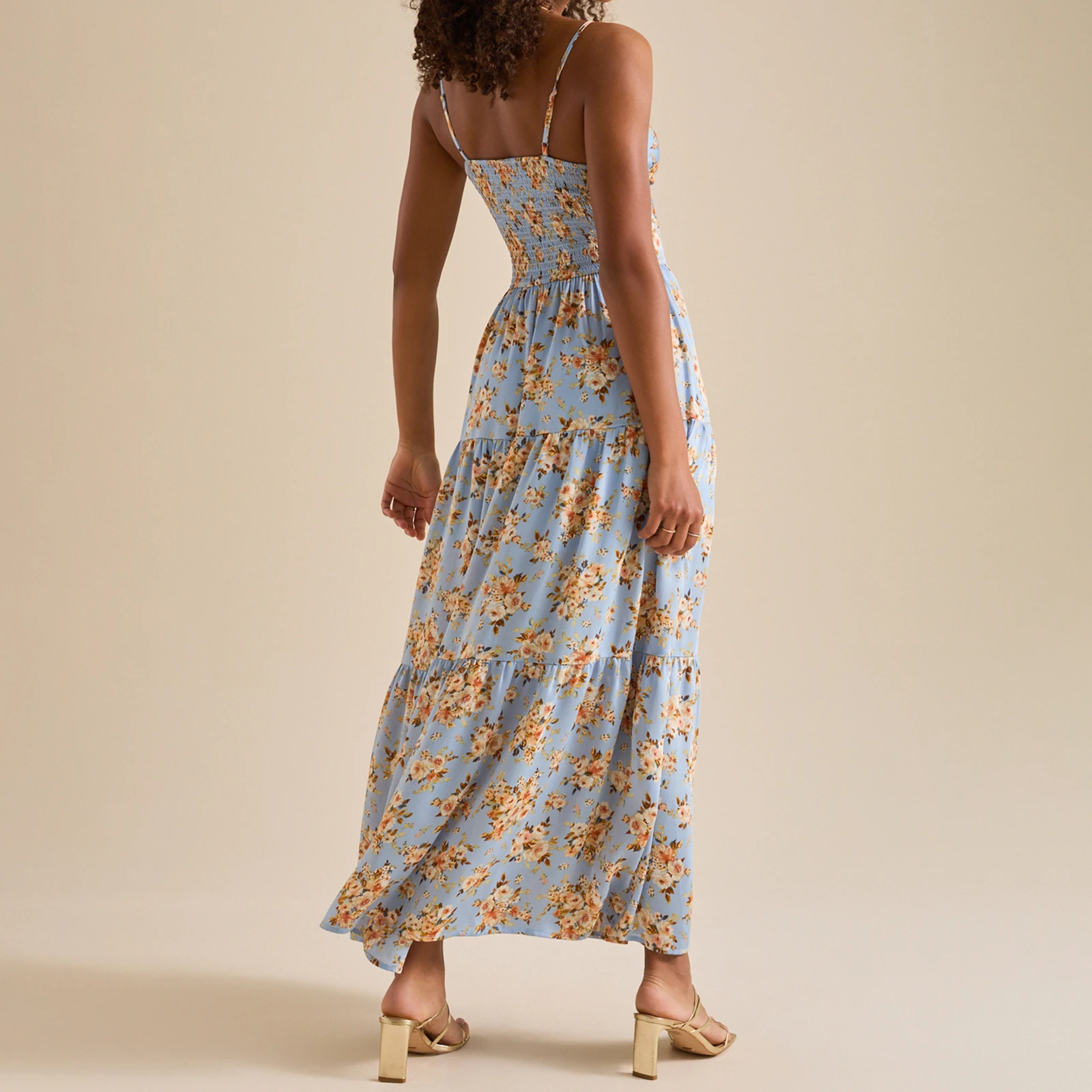 Women Slip Dress Sleeveless V-neck Floral Dress Hollowed Summer Long Swing Dress for Cocktail Party