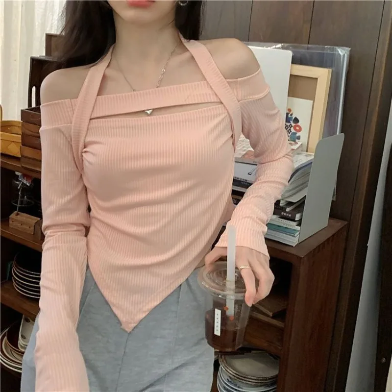T-shirt a maniche lunghe Donna Slim Basic Halter Hotsweet Casual Primavera Dolce Stile College High Street Ins Harajuku Solido Ritagliato