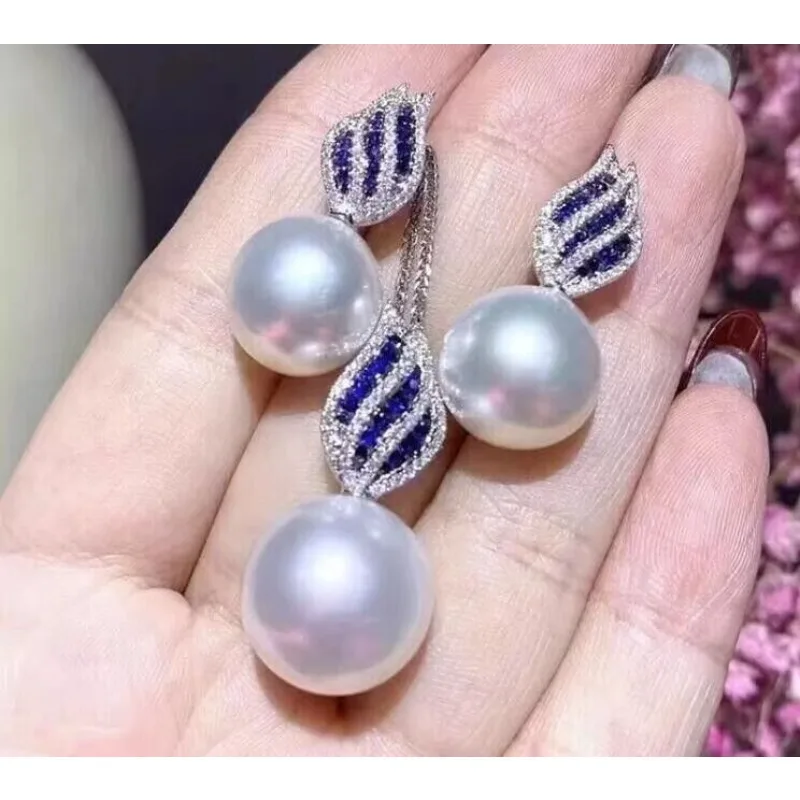 Gorgeous AAAA 10-11mm South Sea White Round Pearl Pendant Earrings Set Light Luxury Women's Necklace Stud Earrings Set 925s.. -