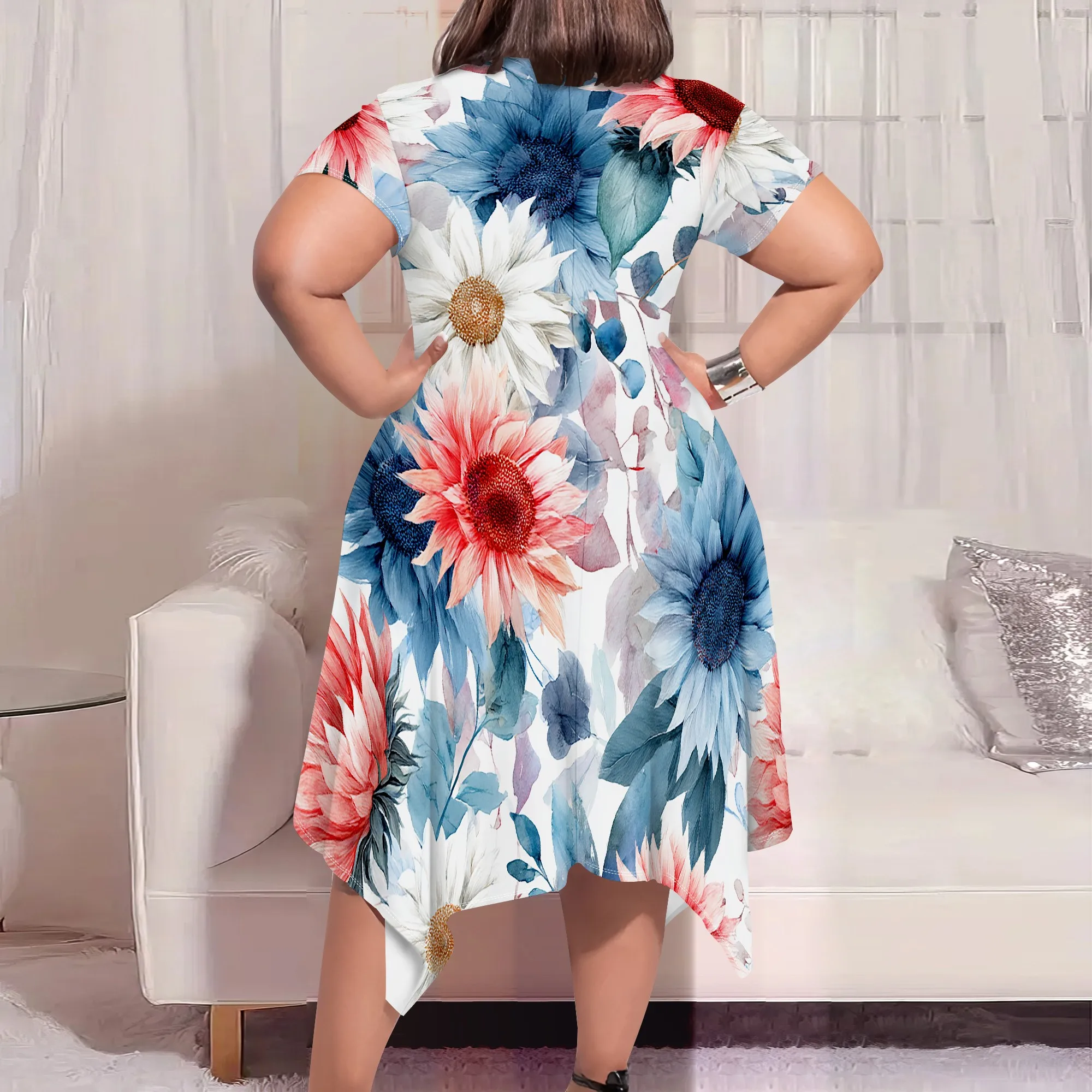 Colorful Sunflower Print Dress XL-6XL Short Sleeve Asymmetrical Hem Loose Fit for Garden Party, Beach Vacation or Art Show