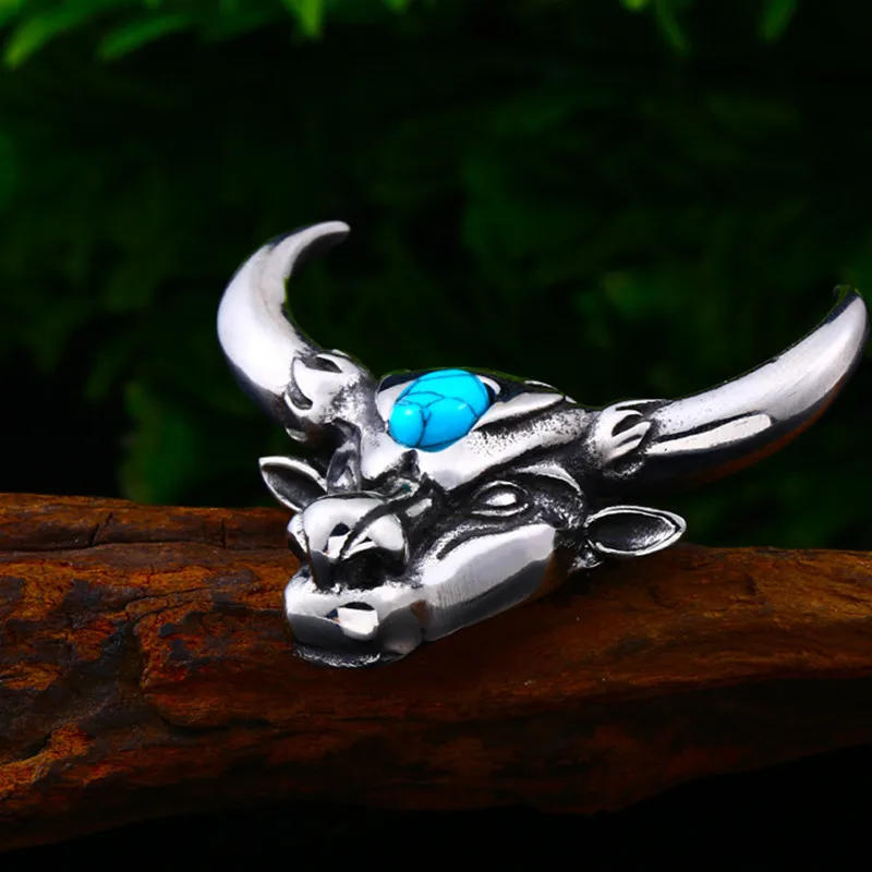 Domineering Nordic  Turquoise Bull Head Animal Pendant Necklace Men\\\'s Biker Punk Trend Jewelry