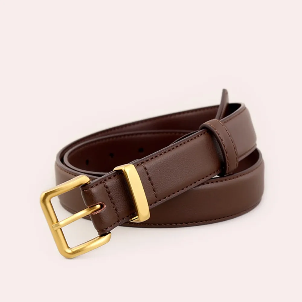 

Casual Fashion Leather Belt Adjustable Thin Waistband Belt Metal Buckle Solid Color Decorative Belt Student