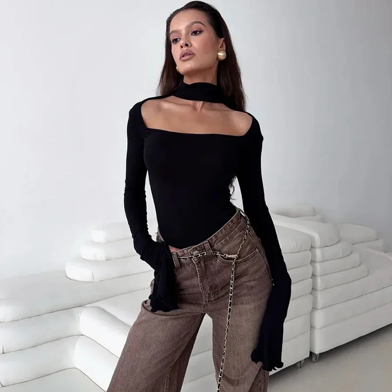 

Halter Square Neck Slim T shirt Female Elegant Slit Long Sleeve Top Autumn Winter Fashion Slim Sexy Club Party Clothes