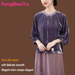 Silk Velvet Shirt for Women, Elegant Temperament Shirt, Mulberry Silk, Vintage Blouse, Violet Light, Comfortable, Spring Autumn