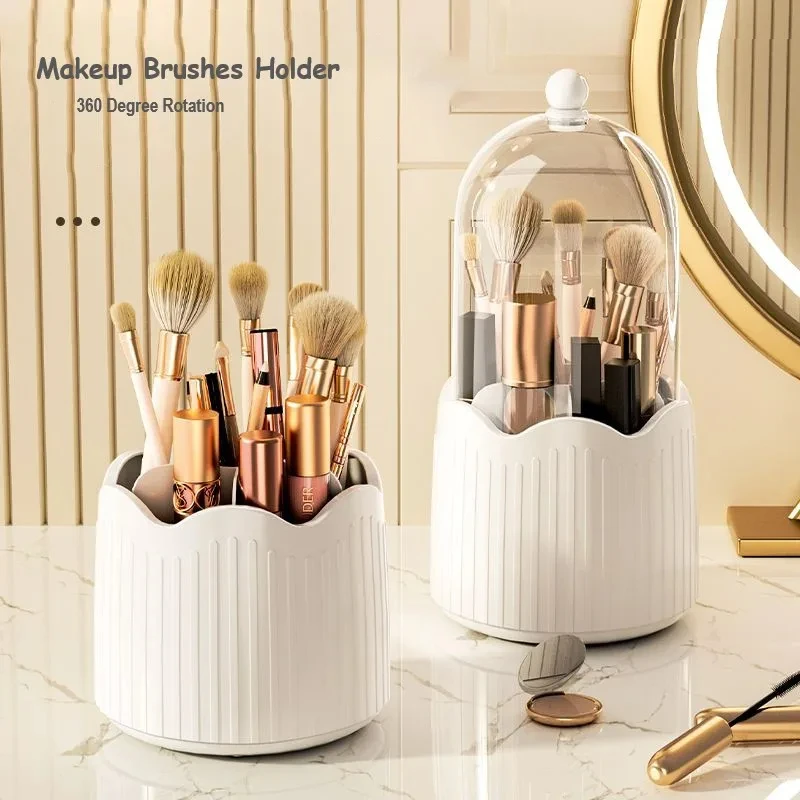 360 Degree Rotating Makeup Brush Holder Cosmetics Organizer With Lid for Vanity Multi-Functional Pen Holder Lipstick Storage Box