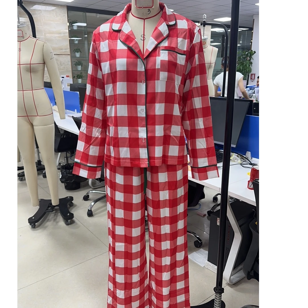 Christmas Retro Patchwork Women's Pajama Set Long Sleeve Lapel Plaid Shirt Drawstring Pants Sleepwear