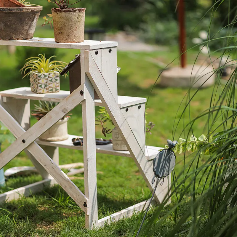Solid wood multi-layer ladder flower stand preservative wood multi-functional succulent storage pot