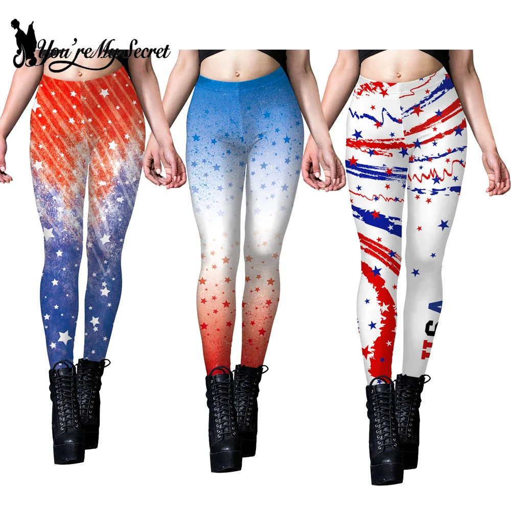 [You\'re My Secret] Women High Elastic Leggings Tights Sexy Pencil Pants Slim Trousers Female Flag Stripe Star Print Leggings