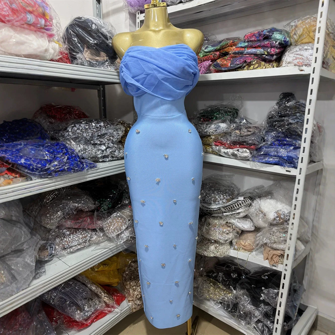 Wrap Dress Work - Exquisite Heavy Work Off-Shoulder Diamond Embellished