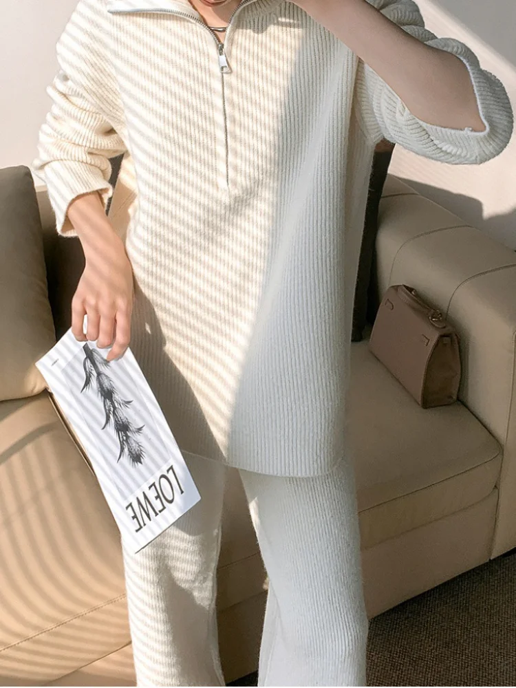 Women Chic Zipper Pant Sets Lady Casual Fashion High Collar Knitted Cardigan Straight-leg Pants Suits 2026 New Street Daily Wear