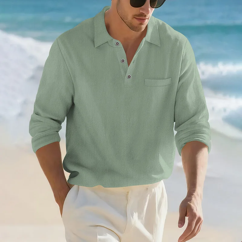 Camisa de Lino y Algodón Ligera y Suave para Hombre, Estilo Casual, Cuello Solapa, Color Sólido, Moda Primavera-Otoño, con Solapa Decorativa