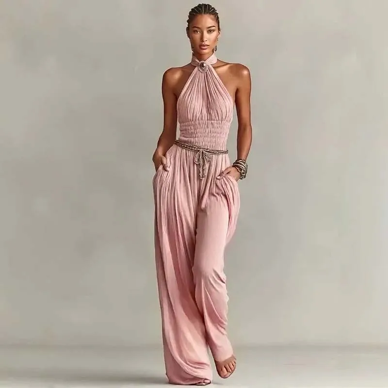 

Spring Sexy Halter Pleated Jumpsuit Women Solid Smocked Waist Boho Overalls Summer Sleeveless Wide Leg Flowy Romper With Pockets