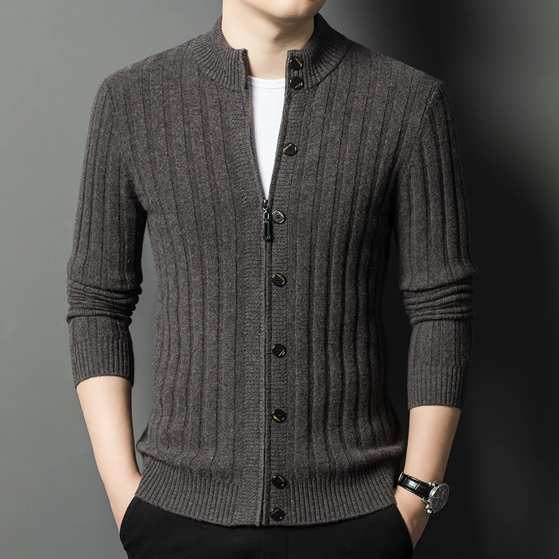 

2024 New Sweaters Mens Clothes Men's Zipper Cardigan Pure Wool Thicken Young and Middle-aged Half High Collar Solid Color