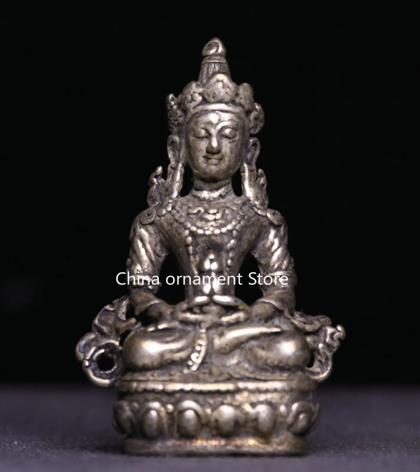 4CM Old Tibet Buddhism Miao Silver Amitayus longevity God Goddess Buddha Statue