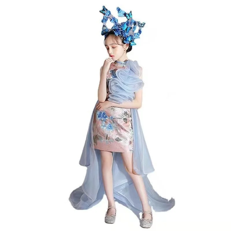 China-Chic Girls' Cheongsam Chinoiserie Style Catwalk Children's Wear Performance Clothes T Stage Fashion Pop Tuxedo Show Dress