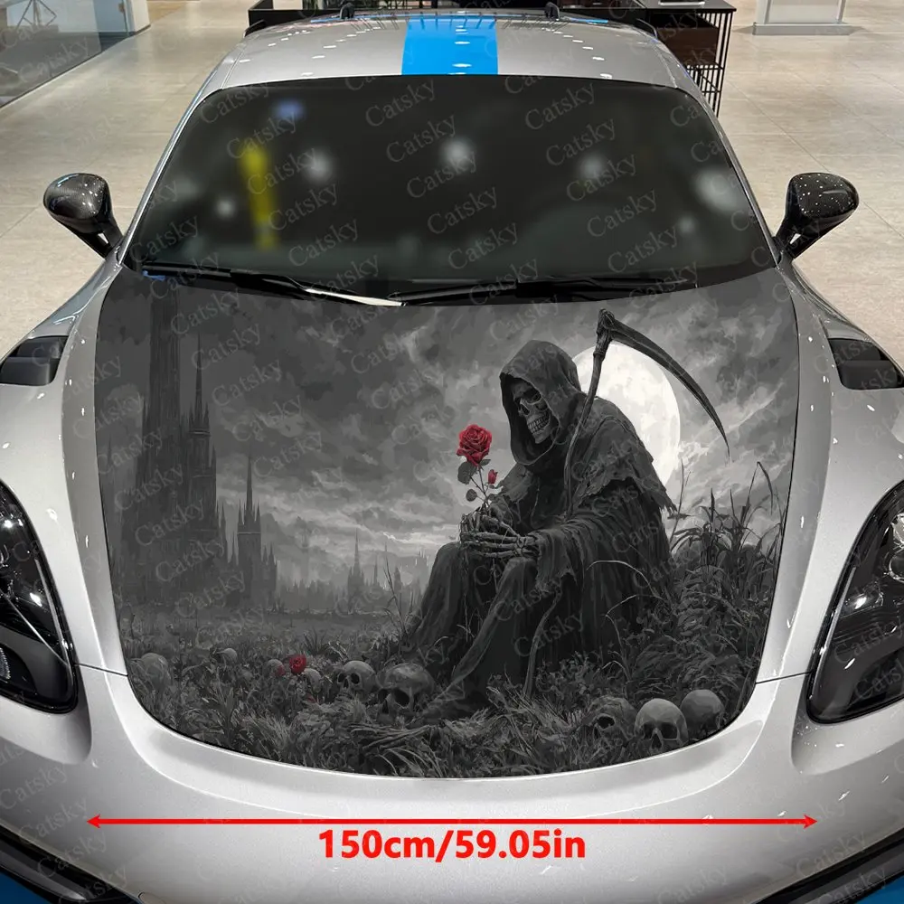 Gothic Ruins & Flower-Burying Reaper Car Vinyl Wrap, PVC Waterproof Car Hood Sticker, Self-Adhesive Scratch-Resistant Stickers